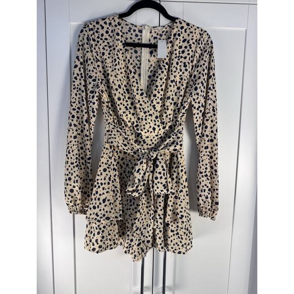 Main Strip Pants - Main Strip Leopard Print Romper Size M Tie Waist Long Sleeve V Neck Boho Mini